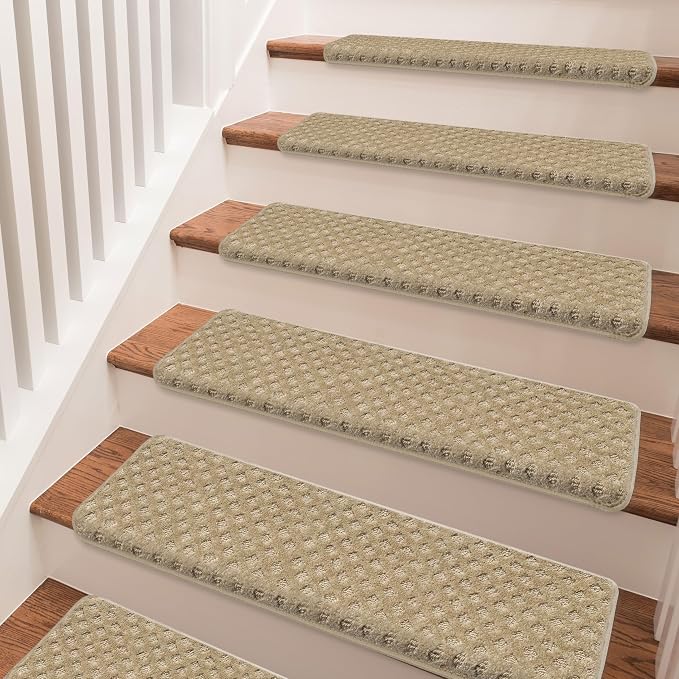 PURE ERA Bullnose Carpet Stair Treads Set Tape Free Non-Slip Indoor Stair Protectors Pet Friendly Rugs 9.5" x 30"(7 Pieces,Khaki Mini-Diamond Trellis)