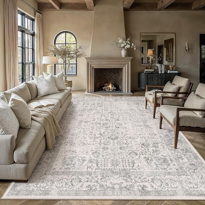 PureCozy Gray Area Rug 9x12 Machine Washable Large Vintage Living Room Distressed Non Slip Carpet Traditional Indoor Bedroom Grey Retro Floral Accent Throw Rug for Office Kitchen Dining Room