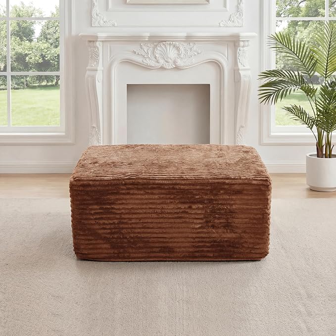 27.56'' Plush Fluffy Corduroy Poofy Ottoman in a Box for Boneless Sofa Couch, Modern Compressed Foot Rest, Small Comfy Rectangle Boneless Pouf Footstool Ottoman for Living Room, Bedroom, Orange