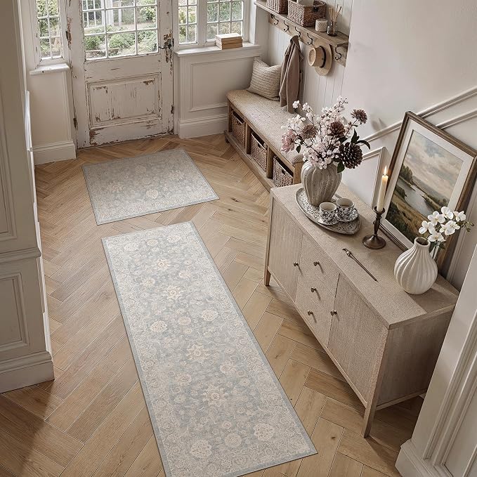 2 Piece Blue Cream Washable Kitchen Rug Set Neutral Floral Soft Non Slip Runner Mats Low Pile Distressed Area Rugs for Floor Sink Laundry Hallway Bathroom, 2x3 + 2'6x8