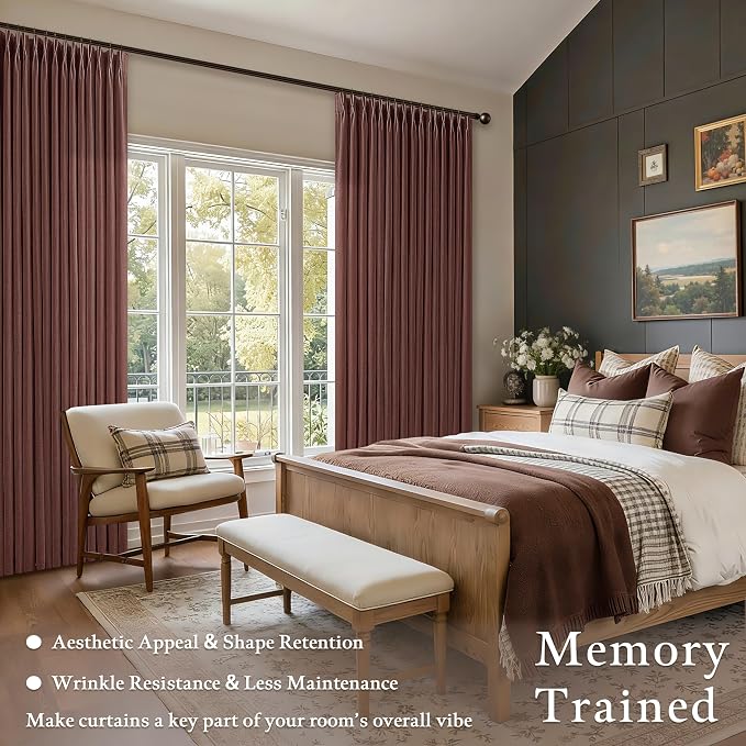 105 Inches Pinch Pleat Linen Blend Curtains 2 Panels Set Rustic Memory Trained Red Brick Back Tab Burlap Curtain with Hook Rings 50 Inch Wide Light Filtering Window Drapes for Living Room Bedroom