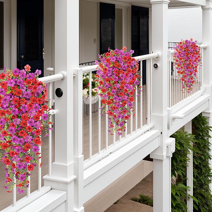 Ammyoo Artificial Hanging Flowers for Outdoors Fake Plants Decoration, 2 Packs Faux Silk Daisy Flower Realistic Outdoor Flowers UV Resistant Porch Patio Window Yard Indoor Spring Decor(Red Purple)