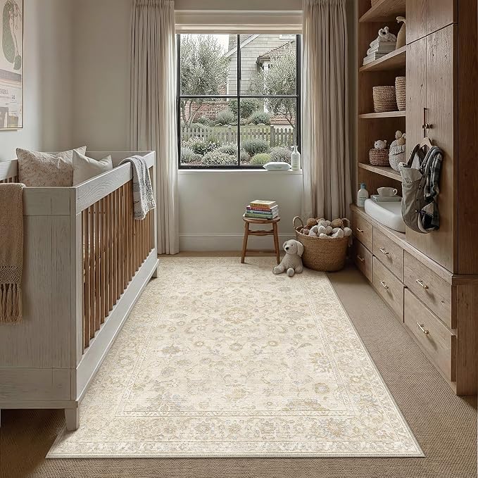 3x4 Beige Washable Area Rug for Living Room Bedroom Neutral Soft Floral Non Slip Thin Throw Rug Lightweight Vintage Low Pile Distressed Carpet Office Playroom Dinning Laundry Room Nursery