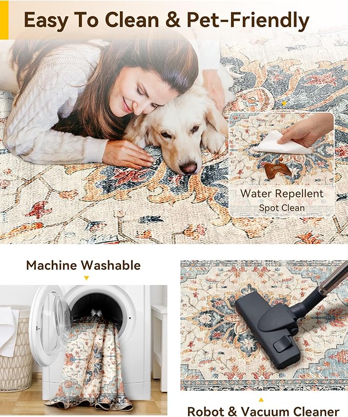 RELEANY Area Rugs 3'x6' Runner Rug Non Slip Washable for Kitchen Hallway Bedroom Beside Laundry Room Bathroom Rug, Floor Carpet, Beige Navy Blue Orange Colorful
