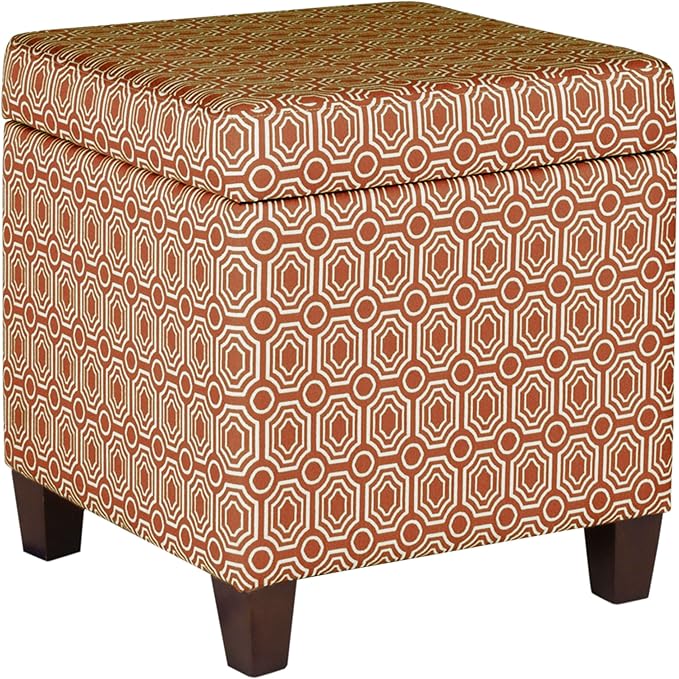HomePop Upholstered Storage Cube Ottoman with Hinged Lid, Orange Geometric 17" x 17" x 18"