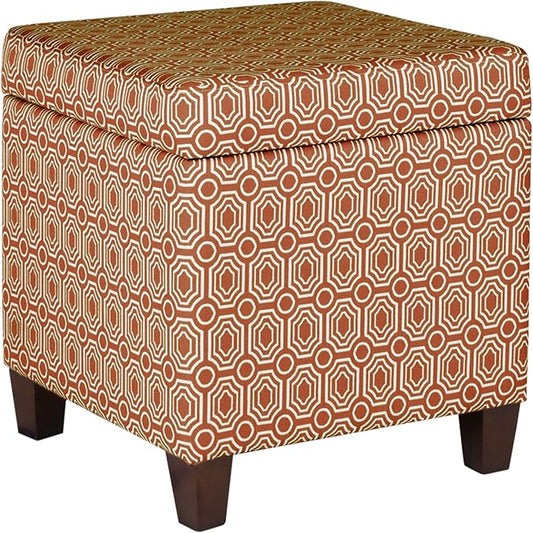HomePop Upholstered Storage Cube Ottoman with Hinged Lid, Orange Geometric 17" x 17" x 18"