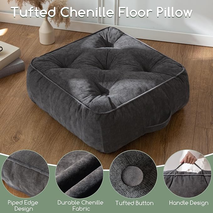 HIGOGOGO 8" Extra Thick Floor Pillow Cushion for Adults, Meditation Cushion Pillow with Handle, Lustrous Chenille Tufted, Square Floor Sitting for Tatami Living Room or Yoga, 22x22 Inch, Dark Grey