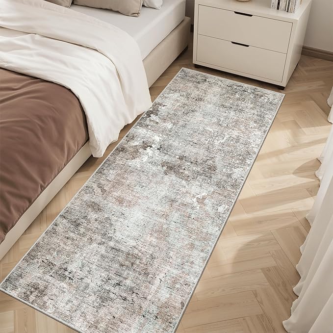Soalmost Runner Rug 2x5 Washable Non-Slip Kitchen Runner Rugs for Bathroom Laundry Room Pink/Grey Vintage Floor Carpet Runners for Hallway Entryway
