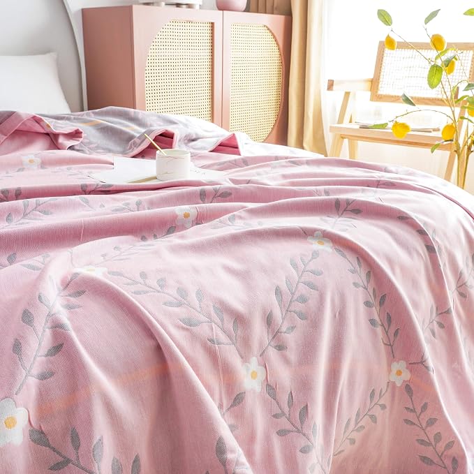 MEJU Pink Flower Muslin Throw Blanket Lightweight Summer for Bed Sofa Couch, 100% Combed Cotton 2 Layer Soft Warm Quick Dry Throw Blanket Bed Coverlet Sheet Flower Pink, F/Q 80 in X 90 in