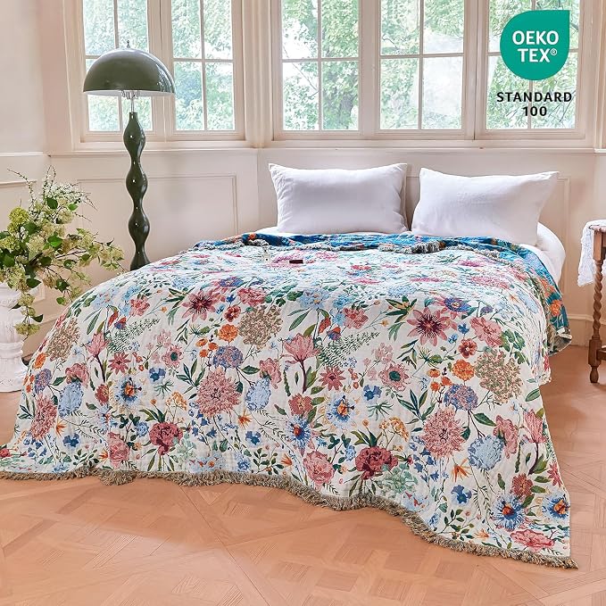 MSGKV Boho Throw Blanket 60"x80" Bed Floral 100% Cotton Blanket Summer Breathable Lightweight Farmhouse Twin Size Couch Blankets Home Decor Muslin Guaze All Seasons