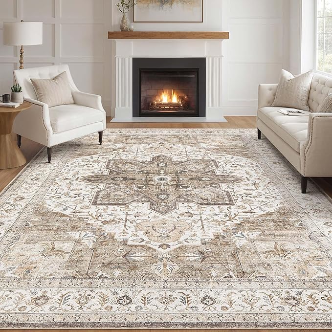 Tortania Area Rug Living Room Rugs - 8x10 Washable Boho Rug Vintage Oriental Distressed Farmhouse Large Thin Indoor Carpet for Living Room Bedroom Under Dining Table Home Office - Brown