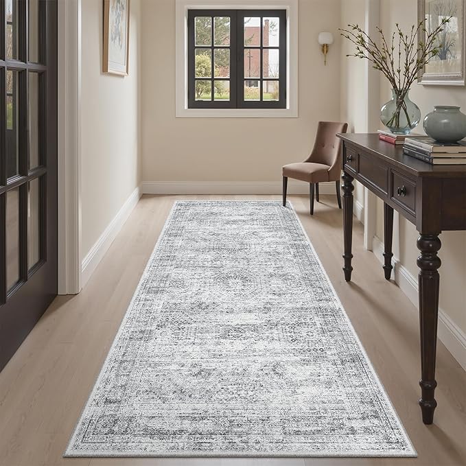 Soalmost Runner Rug 3x6 Washable Non-Slip Kitchen Runner Rugs for Bathroom Laundry Room Grey Vintage Floor Carpet Runners for Hallway Entryway