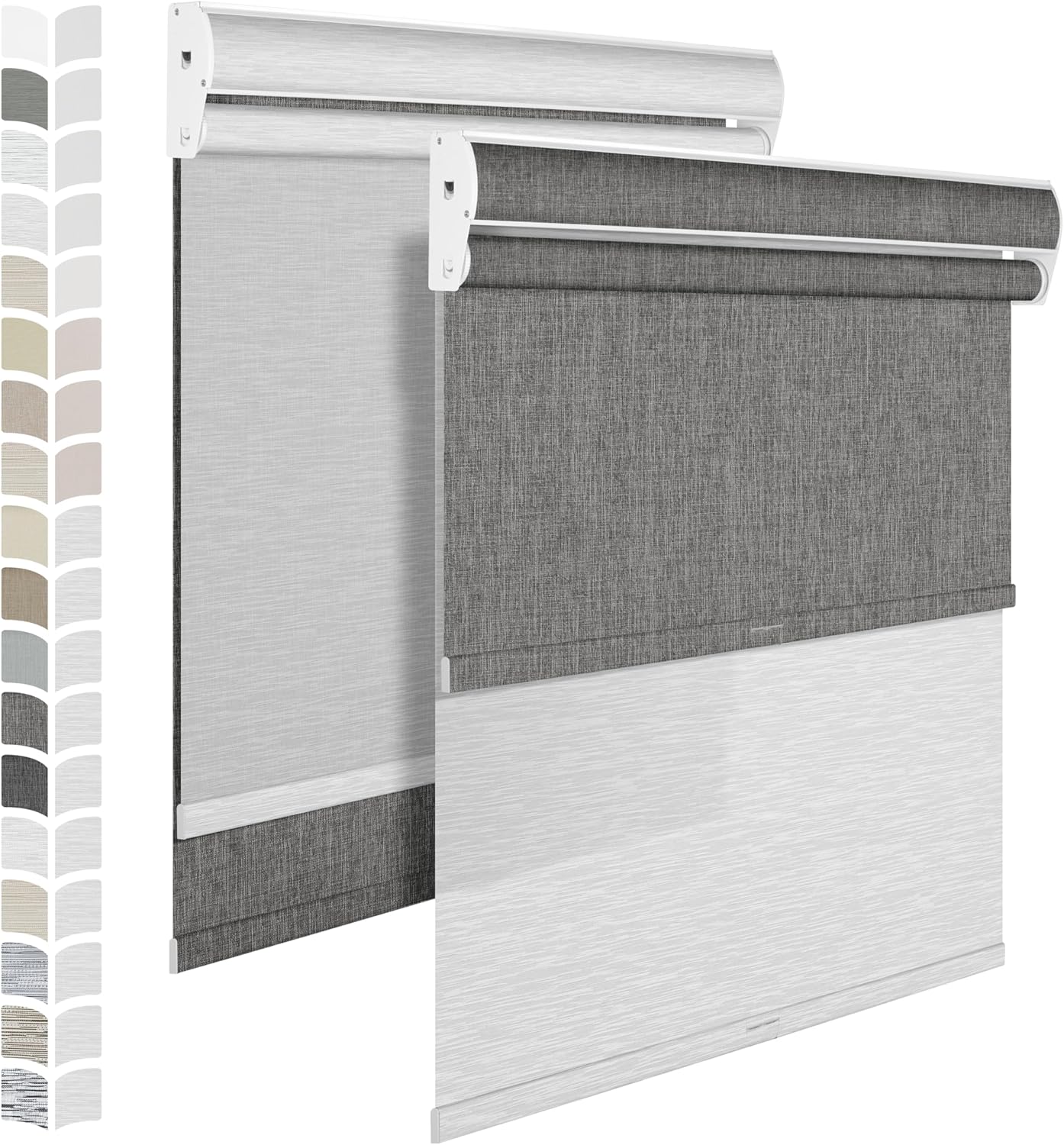 BERISSA Cordless Dual Roller Shades with Cassette Valance - Double Window Shades, Blackout & Light Filtering. Dark Grey Linen & White. Custom Sizes