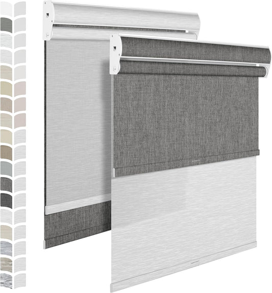 BERISSA Cordless Dual Roller Shades with Cassette Valance - Double Window Shades, Blackout & Light Filtering. Dark Grey Linen & White. Custom Sizes