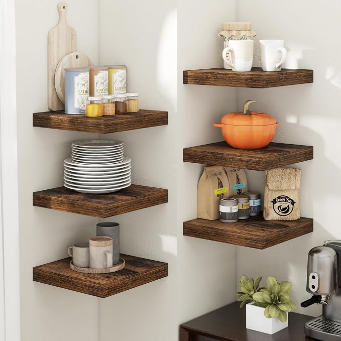 12 Inch Floating Shelves for Wall with Invisible Brackets Set of 3, 12"D Engineered Wood Wall Shelves with Wood Grain for Living Room, Bedroom, Bathroom, Kitchen Decor and Storage, Rustic Brown