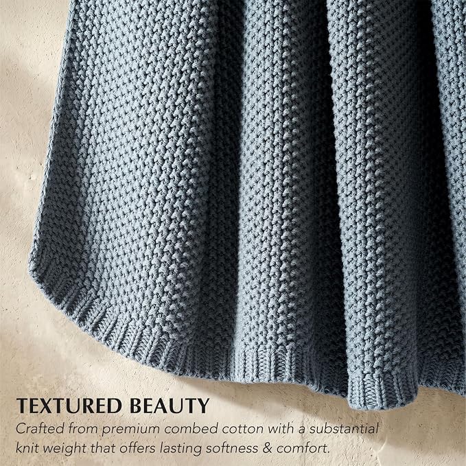 EverGrace Organic Cotton Chunky Knit Throw Blanket, 50 x 60 Dusk Blue | OCS Certified Organic Cotton, Seed Stitch Knit, Soft & Breathable, Cozy Midweight, Decorative Throw for Couch, Bed & Sofa