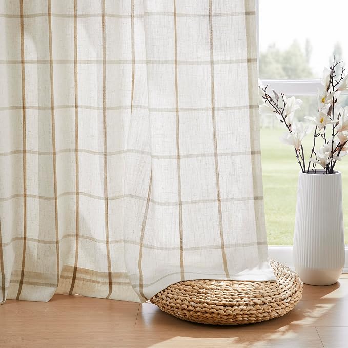 Vision Home Flax Linen Plaid Pinch Pleated Tier Curtains 24 inch, Checkered Semi Sheer Kitchen Curtains with Back Tab & Hooks, Light Filtering Small Window Panels for Bathroom Laundry, 25" Wx24 Lx2