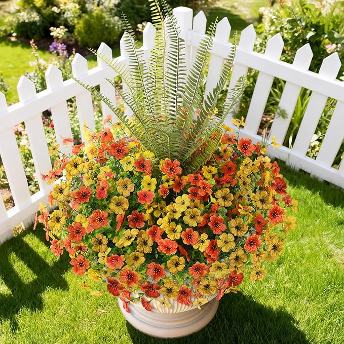 INQCMY Artificial Flowers for Outdoor 12 Pcs Faux Silk Daisy and 1 Pcs Fake Long Leaved Grass UV Resistant Tall Ferns for Home Doorway Courtyard Garden Backyard Decorative (Orange Yellow)