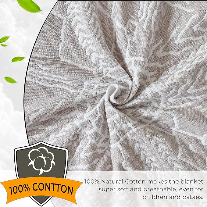 Boho Muslin Throw Blanket Twin Size 60"x80", 100% Cotton Lightweight 4-Layer Reversible Herringbone Quilt, All Season Decorative Blanket for Couch Bed Sofa Home Decor Gift - Grey/Off-White