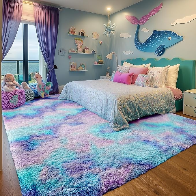 PAGISOFE Adorable Rainbow Mermaid Rugs for Girls Bedroom Plush Fluffy Purple Rug 3x5 Ft,Kawaii Carpet for Living Room,Non-Slip Indoor Princess Rugs for Nursery Kids Girls Room Home Cute Colorful Decor
