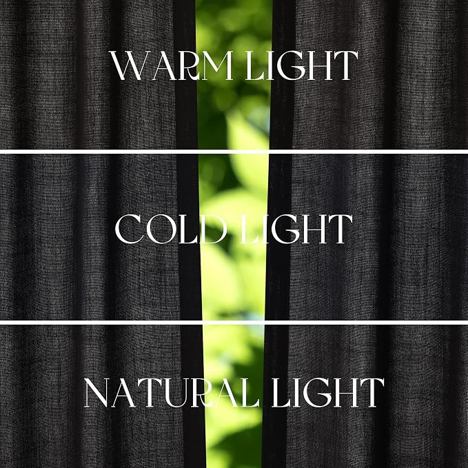Jowels Black Linen Curtains 90 Inch Long 2 Panels for Living Room | Light Filtering Semi Sheer Curtain, Back Tab Pocket Pleated Look, Boho Farmhouse Textured Privacy Drapes for Bedroom Window