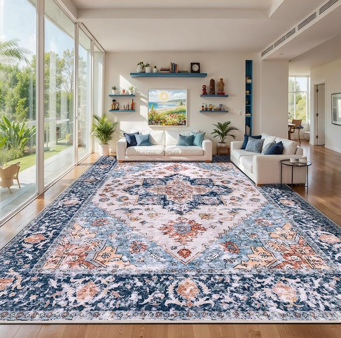 SERISSA 10x12 Area Rugs for Living Room, Large Washable Non-Slip Boho Rug, Ultra Soft Vintage Oriental Blue Orange Print Distressed Carpet for Dining Room Bedroom Office Home Decor