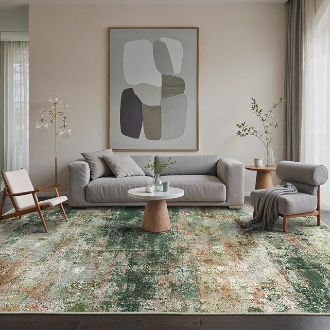 BEIMO Round Rugs 5ft for Living Room Bedroom, Modern Abstract Machine Washable Rug, Large Soft Low Pile Indoor Floor Carpet with Non Slip Backing for Dining Room, Green/Brown