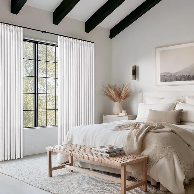 White 90 Inch Pinch Pleated Linen Curtains for Living Room Bedroom Dining Boho Country Light Filtering Pinch Pleat Drapes with Hooks Rings Back Tab Semi Sheer Window Curtains 2 Panels Set 50x90