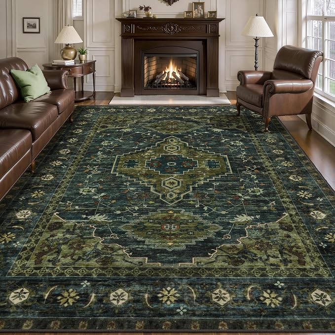 Tangsoo 9x12 Area Rugs for Living Room, Washable Large Area Rugs Oriental Vintage Indoor Non Slip Print Carpet Soft Low Pile Rug Foldable Floor Rug for Bedroom Dining Room Dorm Olive Green