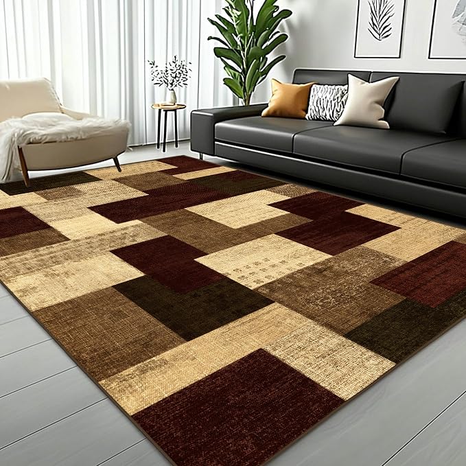 Modern Geometric Patchwork Indoor Area Rug for Living Room, Red 10x14 Large Rug Rockwood Collection Hardwood Floors Decor for Bedroom, Burgundy Throw Carpet for Office Entryway Dining Room