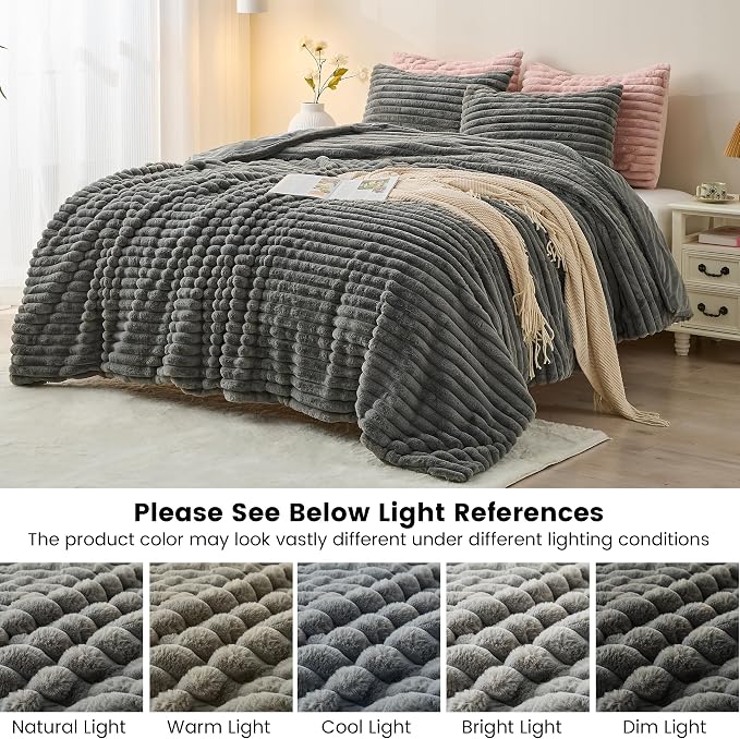 Simple&Opulence Fluffy Faux Fur Comforter Set, Plush Fuzzy Minky Bedding Set, 3 Pieces Warm Soft Comforter Bedding Set for Winter - 1 Shaggy Comforter with 2 Pillow Shams(King, Striped - Dark Grey)
