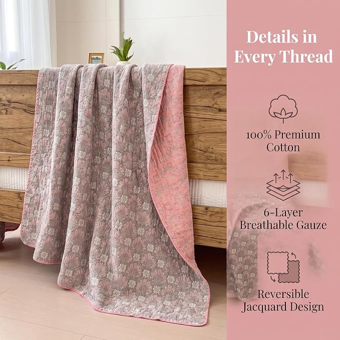 NIDITW Checkerboard Cotton Muslin Throw Blanket for Couch 6-Layer Checkered Gauze Blanket Soft Breathable All Season for Couch Bed Sofa (Pink Printing, King)