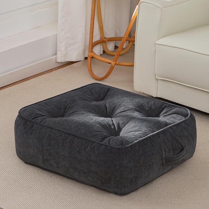 HIGOGOGO 8" Extra Thick Floor Pillow Cushion for Adults, Meditation Cushion Pillow with Handle, Lustrous Chenille Tufted, Square Floor Sitting for Tatami Living Room or Yoga, 22x22 Inch, Dark Grey