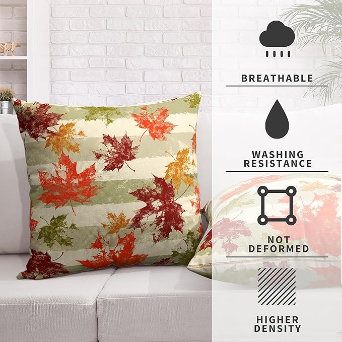 Thanksgiving Colorful Maple Leaves Throw Pillow Covers 16x16 Set of 2 Fall Decorative Pillow Covers Green Grey White Striped Pillow Covers Autumn Outdoor Pillow Case for Living Room Patio Sofa