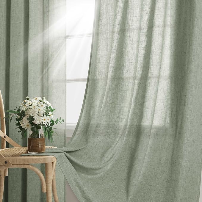 Aersas Green Linen Curtains 90 Inches Long for Living Dinning Room 2 Panels Grommet Drape Light Filter Semi Sheer Sage Green 90 Inch Curtains for Bedroom Patio Door Spring Boho Country Decor 52x90