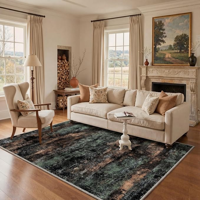 BEIMO Area Rugs 10x14 for Living Room Bedroom, Modern Abstract Machine Washable Rug, Large Soft Low Pile Floor Cover with Non Slip Backing for Dining Room, Black/Earthy Green