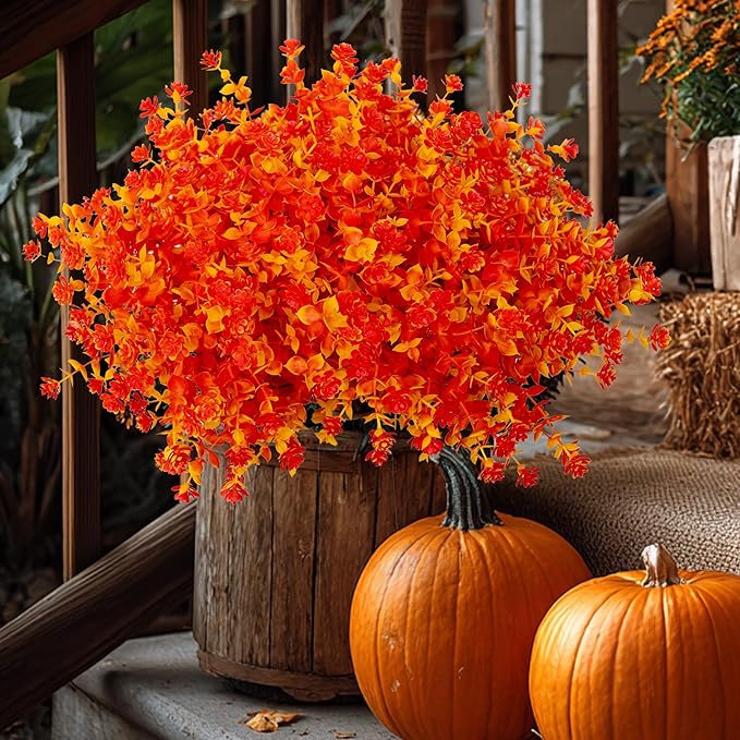 AXYLEX Artificial Fall Flowers Outdoor Fake Mums - 12 Bundles Fake Plants UV Resistant No Fade Faux Plastic Greenery Garden Porch Patio Fall Home Decor (OrangeYellow)