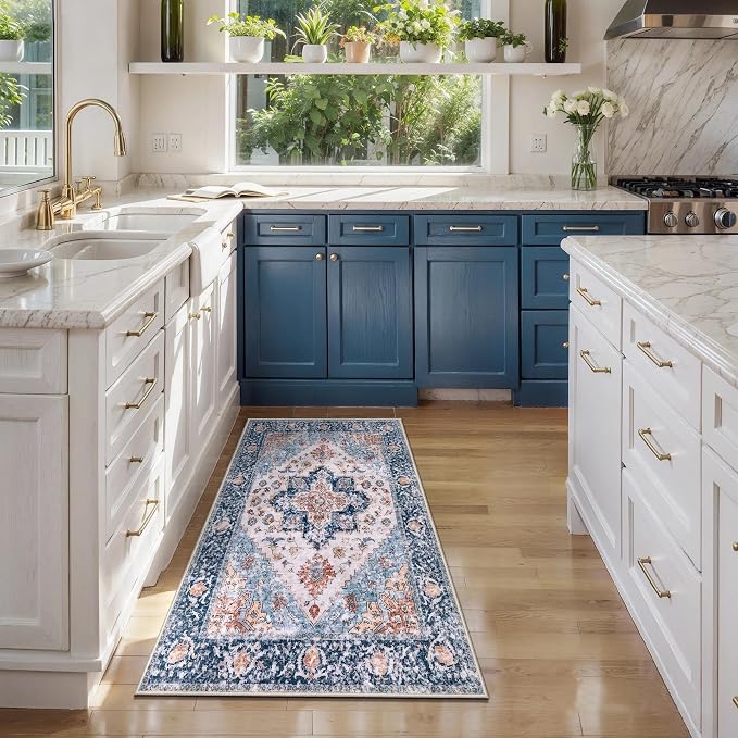SERISSA 2x4 Boho Rugs for Entryway, Washable Non-Slip Kitchen Runner Rug, Ultra Soft Small Area Rug Vintage Blue Orange Low-Pile Door Mat Indoor Entrance Carpet for Bedroom Hallway Laundry Room