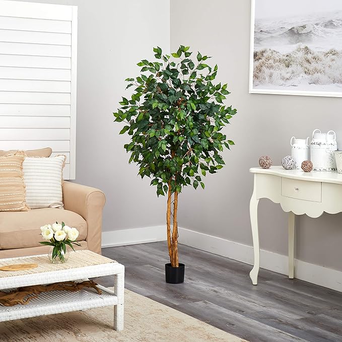 Nearly Natural 5ft Artificial Ficus Tree, Triple Trunk Faux Greenery with Natural Wood Trunks for Indoor Home Decor, with Black Nursery Pot