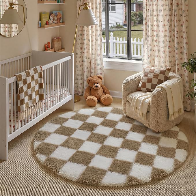 PureCozy 5x5 Round Rugs for Living Room Brown Soft Shag Checkered Rug Modern Washable Indoor Office Fuzzy Carpet Non-Slip Fluffy Rugs for Bedroom Nursery Dorm Playroom Home Aesthetic Decor