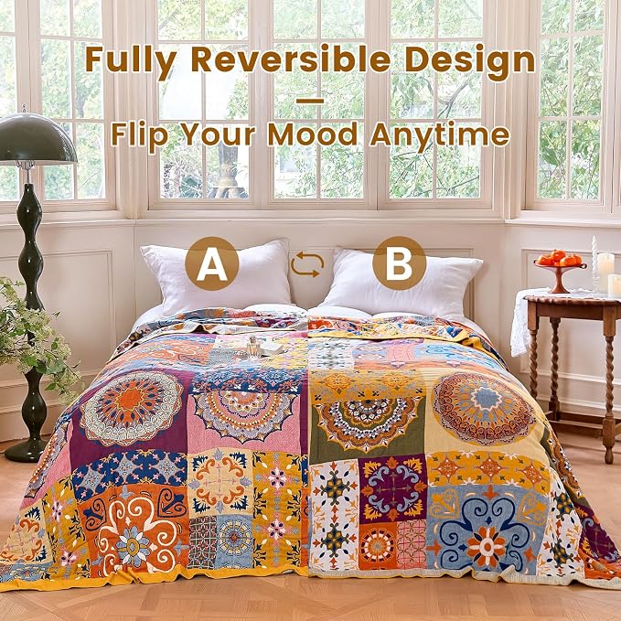 MSGKV Boho Throw Blanket for Bed 60"x80" 100% Cotton Couch Blanket Summer Breathable Lightweight Twin Size Blankets Home Decor Muslin All Seasons