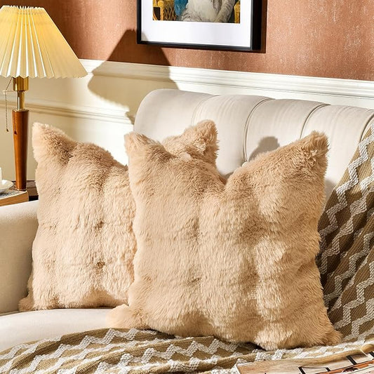 AmHoo Pack of 2 Throw Pillow Covers 3D Dense Faux Rabbit Fur Cozy Super Soft Fuzzy Set Case Cushion for Couch Sofa Bedroom 24 x 24-Inch Camel