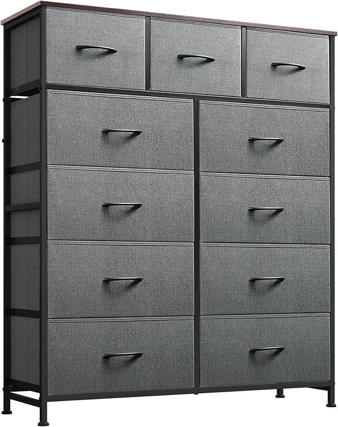 WLIVE Tall Dresser for Bedroom, Fabric Dressers Storage Tower, Dresser & Chest of Drawers Organizer Unit with 11 Drawers, Storage Cabinet, Hallway, Closets, Steel Frame, Wood Top, Dark Grey