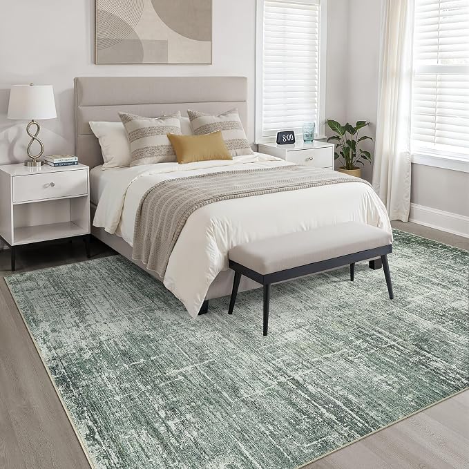 10x12 Area Rug Living Room: Washable Large Neutral Rugs Abstract Soft Modern Stain Resistant Indoor Floor Non-Slip Carpet for Bedroom Nursery Kids Office Playroom Dining Room Under Table- Dark Green