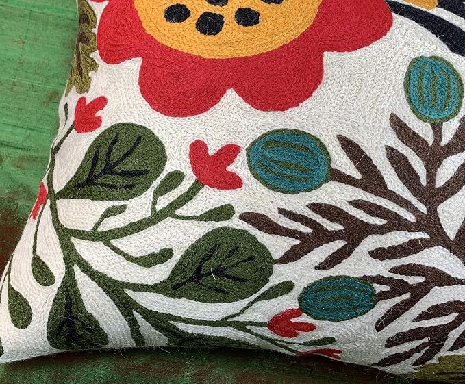 Lumbar Cushion Cover Hand Embroidered Wool 13x21 (Red Floral Lumbar Pillow Cover)