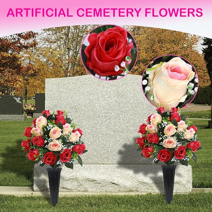 Lodou Set of 2 Artificial Cemetery Flowers, Memorial Flowers Bouquet,Grave Memorial Flowers with Vase for Cemetery Headstones Decoration (Rose red Beige)