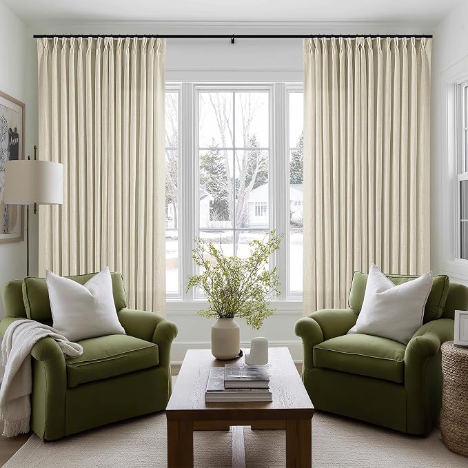 Extra Wide Pinch Pleat 100 x 102 Inch Linen Curtains for Living Room Neutral Beige Light Filtering Semi Sheer Pleated Curtains for Patio Glass Sliding Door Dining Bedroom Large Window 100x102 1 Panel