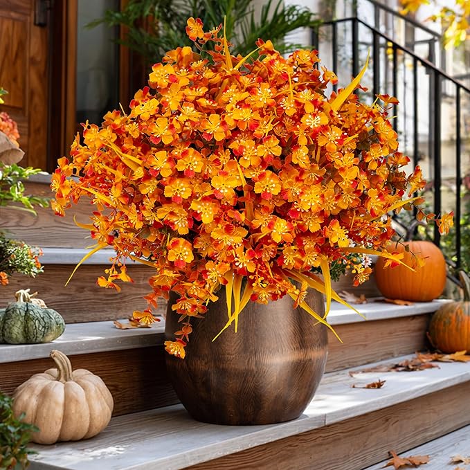 AXYLEX Artificial Mums for Outdoor Fall Flowers - Fake Plants UV Resistant No Fade Faux Plastic Home Decor Garden Porch Patio (1, OrangeMixed)