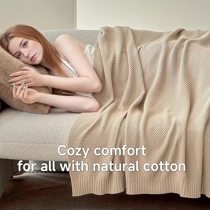Simple&Opulence 100% Cotton Blanket Queen Size, Solid Color Cable Knitted Blanket Super Soft Comfortable Breathable Decorative Farmhouse for Couch Sofa Bed, All Season Use(Light Khaki,90x90)