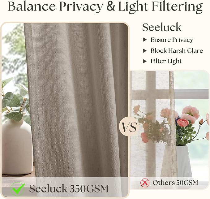 Taupe Pinch Pleated Semi Sheer Linen Curtains 90 Inch Long for Living Room | Flax, Textured, Pinch Pleat, Privacy, Bedroom, Gray Beige, Modern, Farmhouse, Sheer, Drapes, Boho, Linen Blend, Hook Rings